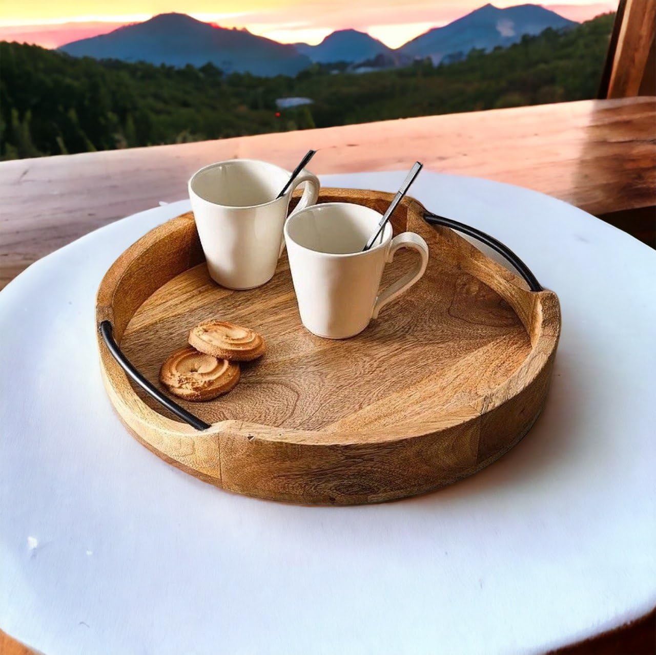 Craft Mshopr Medium Rustic Round Wooden Serving Tray 10X10X2 Inches - Handcrafted Mango Wood With Iron Handles - Decorative Kitc